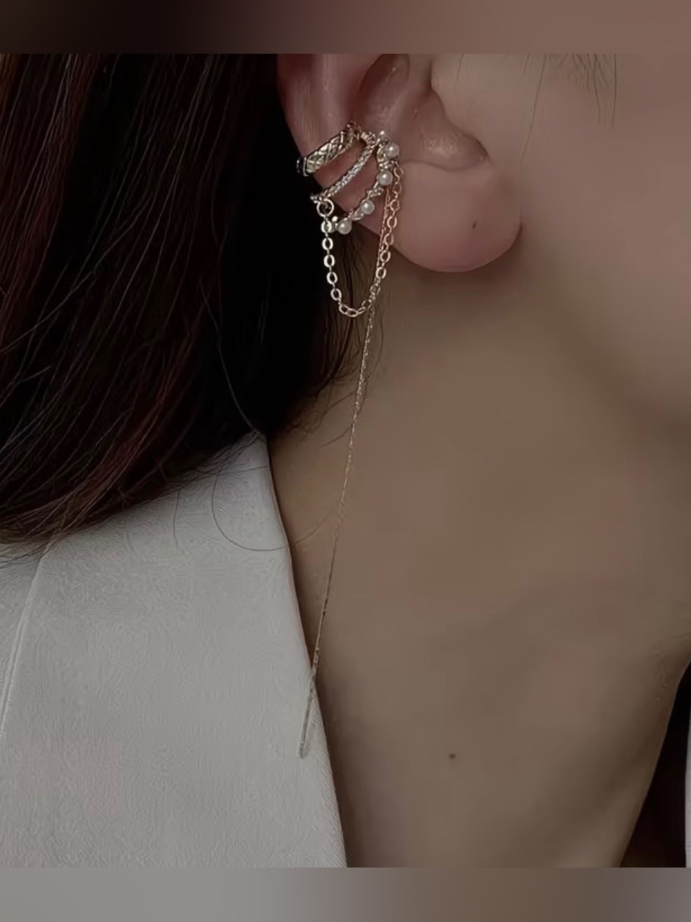 💖Delicate Gold Plated Pearl Chain Ear Cuff